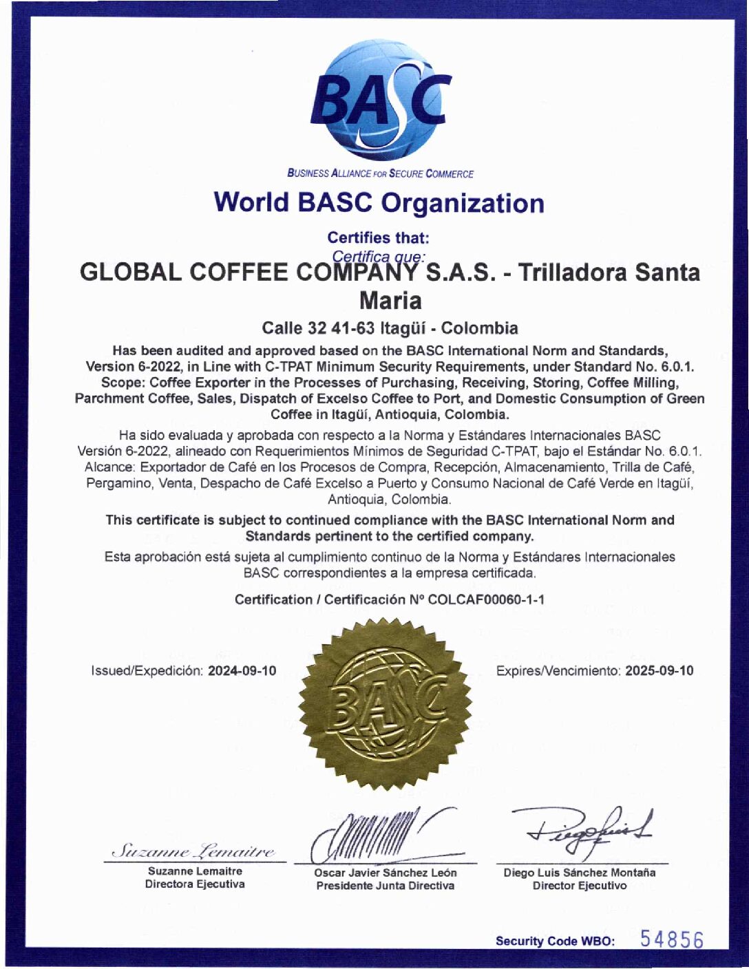 CERTIFICACION GLOBAL COFFEE COMPANY S.A.S. TRILLADORA SANTA MARIA